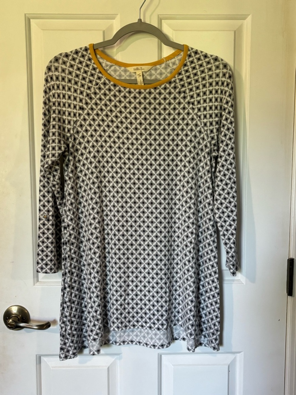 EUC Matilda Jane Grey Patterned Long Sleeve Tunic with Mustard Trim. Size small.